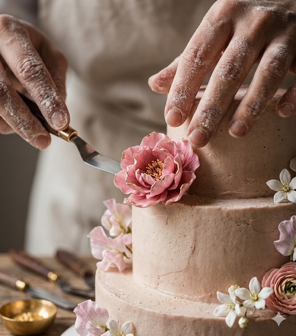 Primaura baker hand-crafting a floral wedding cake
